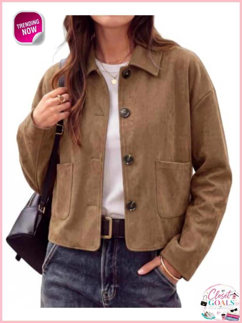 Faux Suede Cropped Casual Jacket Button Front Patch Pockets